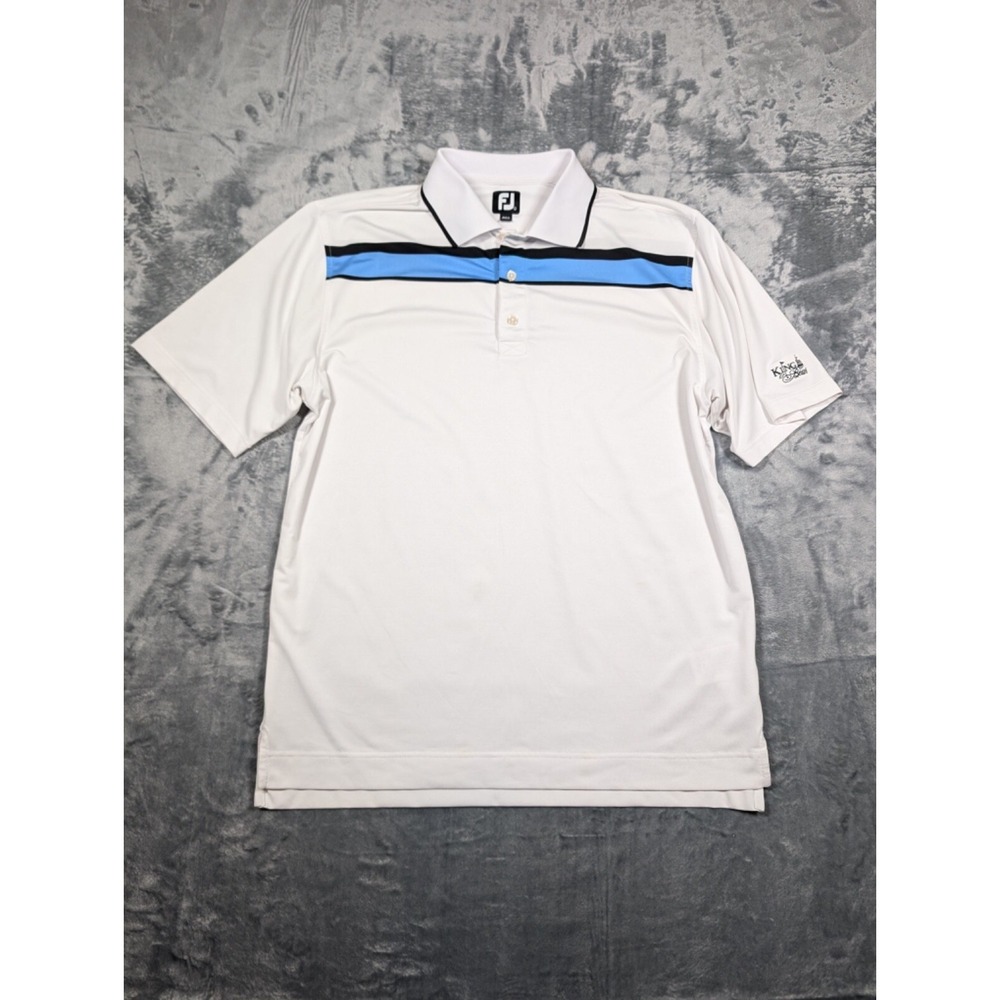 Footjoy Polo Shirt Mens Large White Blue Stripe Short Sleeve Golf *Logo